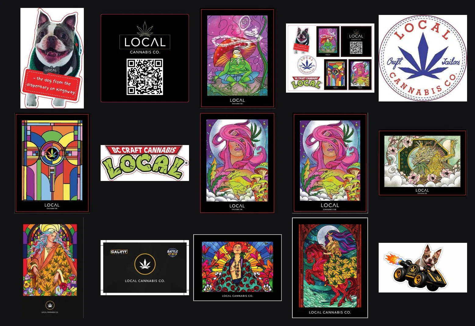 Collectible stickers submitted by community artists, each set into the brand frame and prepared for print.