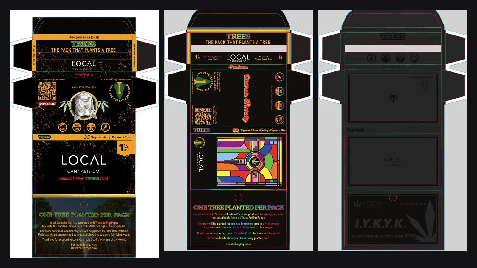 Three custom rolling paper packs designed as flat die-lines ready for the printer: limited, Pride and ambassador editions.