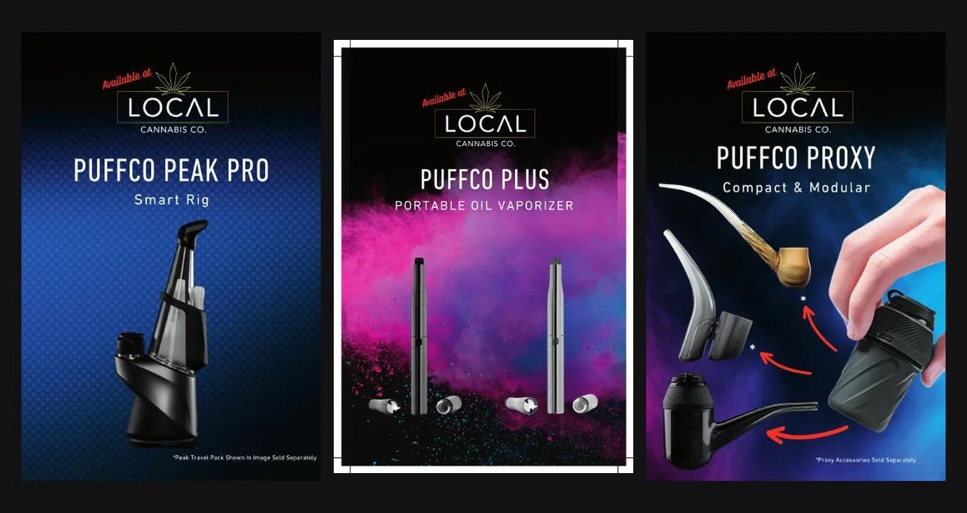 Three counter cards explaining a device range: features, size and how each one is used.