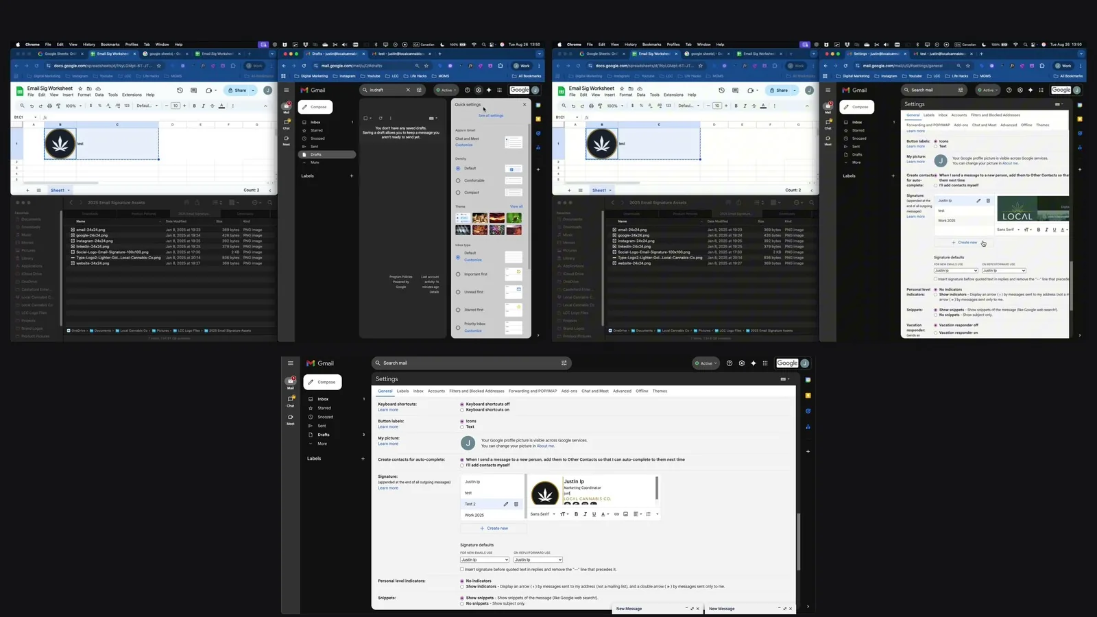 Frames from a recorded internal walkthrough showing staff how to install their email signature, from the asset sheet through to Gmail settings.