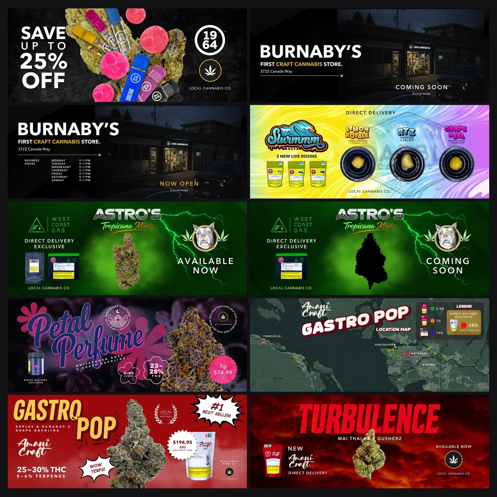 A grid of site banners, each promoting a different featured product or store announcement.