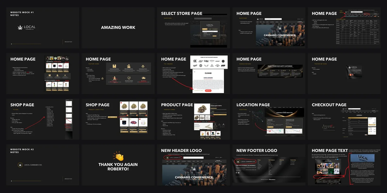 Twenty pages from two design presentation decks, each annotated with the changes requested of the development team.