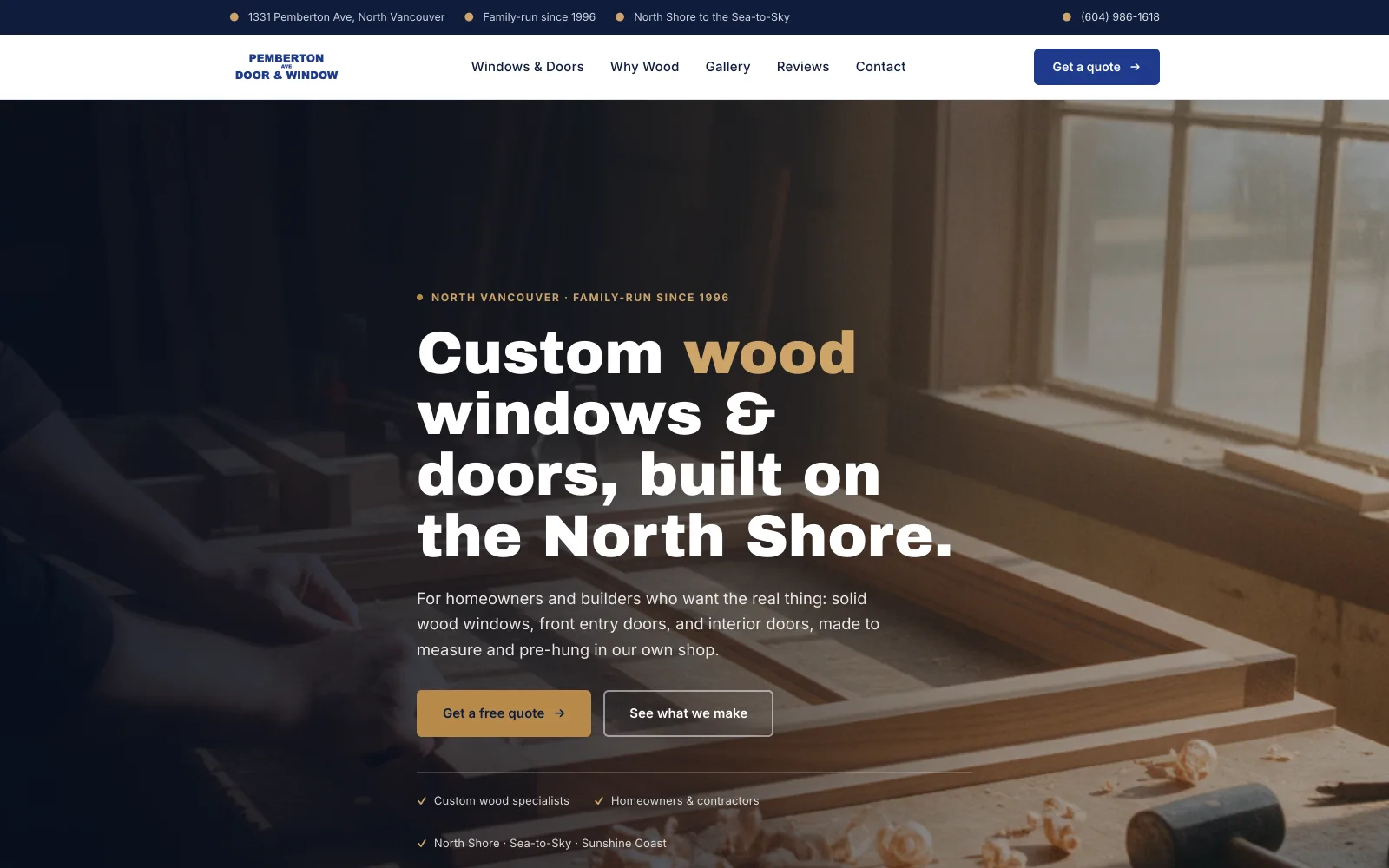 The Pemberton Door and Window homepage: a workshop photograph behind a heavy white headline reading Custom wood windows and doors, built on the North Shore.
